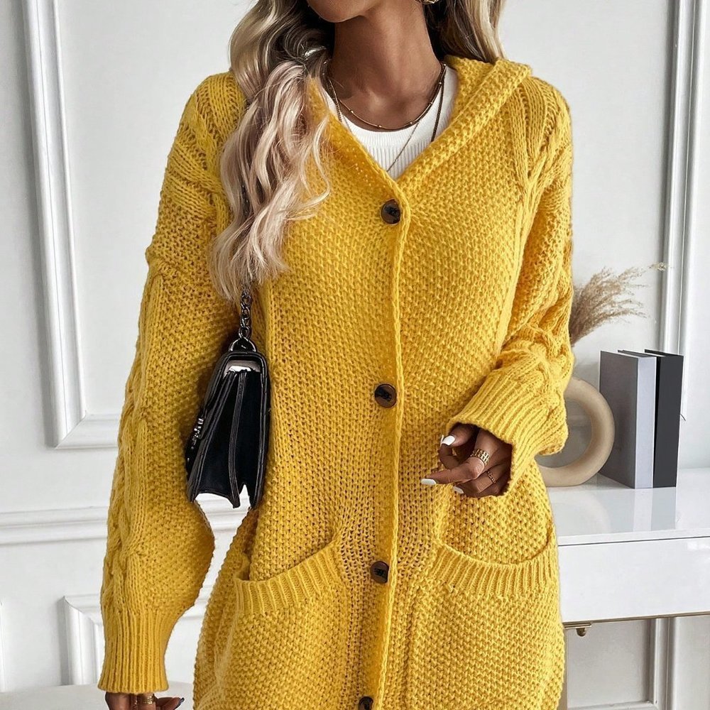 Yellow Boho Womens Dual Pocket Drop Shoulder Cable Knit Hooded Cardigan - Picture 4 of 6